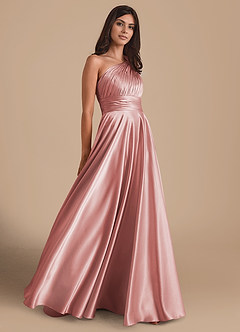 Azazie Charlize Bridesmaid Dresses Dusty Rose A-Line One Shoulder Metallic Satin Dress image4