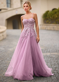 Celeste Light Purple Rhinestone Sheer Lace Prom Dress image3