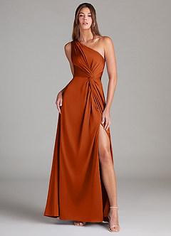 Azazie Brooke Bridesmaid Dresses Burnt Orange A-Line One Shoulder Stretch Satin Dress image1