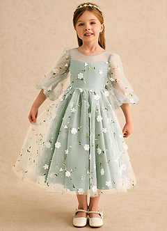 Azazie Elowen vestidos de niña de las flores Vestido Salvia Polvorienta de Encaje de Línea A con Escote corazón image1