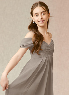 Azazie Kaitlynn Junior Taupe A-Line Off the Shoulder Chiffon Dress image6