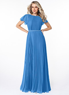 Azazie Kara Modest Bridesmaid Dresses A-Line Pleated Chiffon Floor-Length Dress image1
