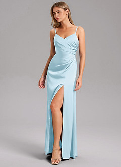Azazie Azuree Robes de demoiselle d'honneur Robe Trapèze en Satin extensible Plissée Bleu Ciel image5