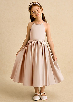 Azazie Indi Blumenmädchenkleider A-Linie Schleifen Matte Satin Kleid Englisches Rosa image5