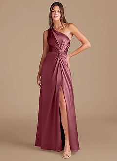 Azazie Brooke Bridesmaid Dresses Desert Rose A-Line One Shoulder Metallic Satin Dress image1