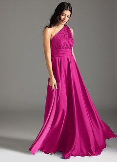 Azazie Charlize Bridesmaid Dresses Fuchsia A-Line One Shoulder Stretch Satin Dress image3