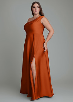 Azazie Melanie Bridesmaid Dresses Burnt Orange A-Line Off the Shoulder Stretch Satin Dress image11