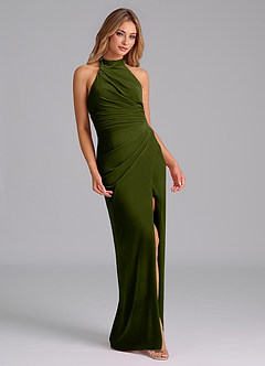 Azazie Jemma Bridesmaid Dresses Olive Sheath Pleated Velvet Dress image4