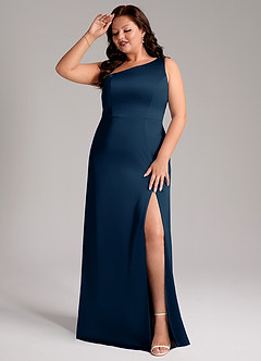 Azazie Phaedra Bridesmaid Dresses Dark Navy A-Line One Shoulder Stretch Satin Dress image3