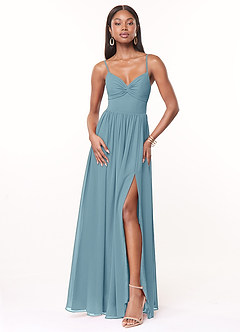 Azazie Zeya Bridesmaid Dresses Moody Blue A-Line V-Neck Pleated Chiffon Dress image1