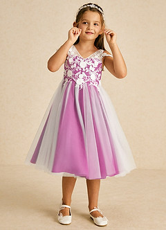 Azazie Sunnie Flower Girl Dresses Fuchsia A-Line Lace Tulle Dress image2