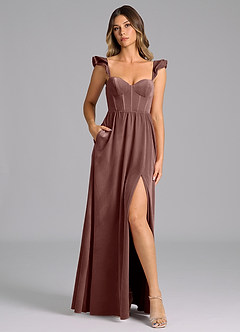 Azazie Denisse Bridesmaid Dresses Espresso A-Line Ruched Velvet Dress image3