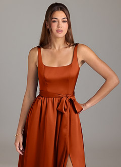 Azazie Elliott Bridesmaid Dresses Paprika A-Line with Pockets Stretch Satin Dress image2