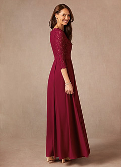 Azazie Lucianna At-home Try On Dresses Burgundy A-Line Lace Dress image2
