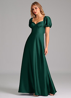 Azazie Fatima Bridesmaid Dresses Emerald A-Line Pleated Stretch Satin Dress image4