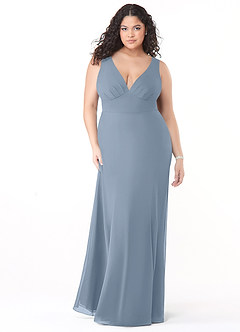 Azazie Christiana Probar vestidos en casa Vestido de Azul Polvoriento de Gasa de Corte en A con Cuello en V plisado image9
