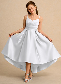 Azazie Sweets Girl vestidos de niña de las flores Vestido de Blanco de Satin Mate de Corte En A con Plisado image4