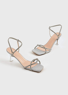 front Glitter and Metallic Ankle Strap Kitten Heels