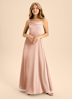 Azazie Anselie Junior Rose Gold A-Line Off the Shoulder Stretch Satin Dress image3