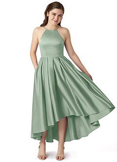 Azazie Jemima Junior Vestido de Agave de Satén Elástico de Corte En A con Con bolsillos image1