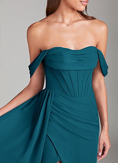 Azazie Amyra Bridesmaid Dresses Ink Blue Sheath Off the Shoulder Chiffon Convertible Dress image6