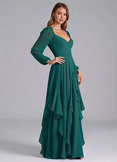 Azazie Karan Bridesmaid Dresses Peacock A-Line Long Sleeve Chiffon Dress image5