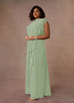 Azazie Narine Abiti per la Madre della Sposa Abito A-Line in Chiffon con Scollo Alto a Pieghe Verde Salvia image14