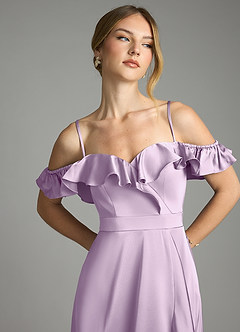 Azazie Lyra Bridesmaid Dresses Frosted Lilac A-Line Off the Shoulder Stretch Satin Convertible Dress image11