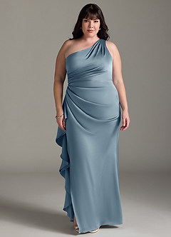Azazie Latrice Bridesmaid Dresses Dusty Blue Sheath One Shoulder Cascading Ruffles Stretch Satin Dress image6
