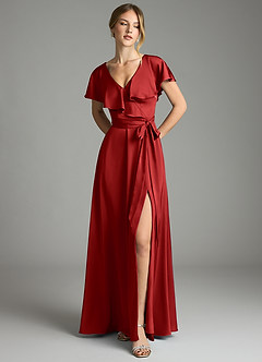 Azazie Lainey Bridesmaid Dresses Pomegranate A-Line with Pockets Stretch Satin Dress image3