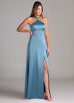 Azazie Elliana Vestidos de damas de honor Vestido de Azul Acero de Satén Elástico de Corte en A con Corte Lateral image3