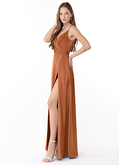 Azazie Dalilah Robes de demoiselle d'honneur Robe Trapèze en Satin extensible Col V plissé Cuivre image3