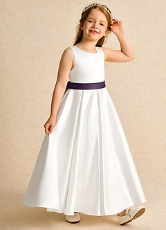 Azazie Cherry Flower Girl Dresses Ivory Plum Ball-Gown Pleated Matte Satin Dress image5