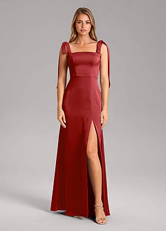 Azazie Frostine Bridesmaid Dresses Pomegranate A-Line Bow Stretch Satin Dress image5