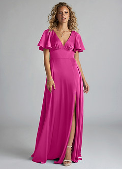 Azazie Kimber Bridesmaid Dresses Fuchsia A-Line Ruched Stretch Satin Dress image3