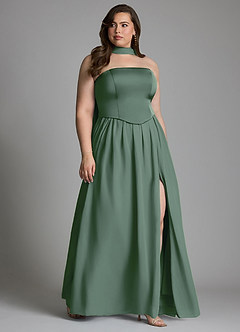 Azazie Cadence At-home Try On Dresses Eucalyptus A-Line Corset Stretch Satin Convertible Dress image11