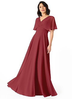 Azazie Pamela Brautjungfernkleider A-Linie V-Hals Gefaltet Chiffon Kleid Granatapfelrot image1