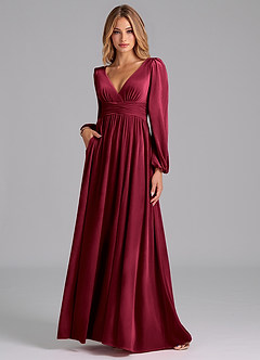 Azazie Norah Bridesmaid Dresses Burgundy A-Line Long Sleeve Velvet Dress image1