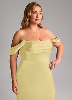 Azazie Saige Bridesmaid Dresses Lemon Sorbet Sheath Off the Shoulder Stretch Satin Dress image14