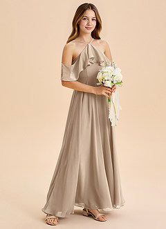 Azazie Tessabelle Junior Taupe A-Line Off the Shoulder Chiffon Dress image1
