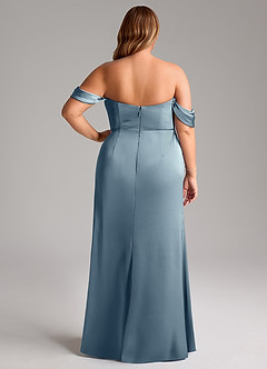Azazie Saige Bridesmaid Dresses Dusty Blue Sheath Off the Shoulder Stretch Satin Dress image12