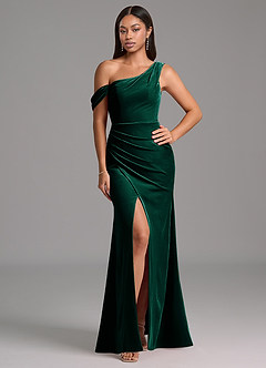 Azazie Madelyn Bridesmaid Dresses Emerald Sheath One Shoulder Velvet Dress image1
