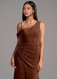 Azazie Madelyn Jurken voor bruidsmeisjes Jurk van flueel met Kolom One-Shoulder Omber image2