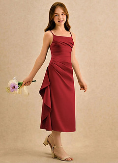 Azazie Canna Girls Formal Sukienki dla dziewczynek sypiących kwiaty Linia A Pofałdowany Satyna elastyczna Długość herbaty Sukienka image3