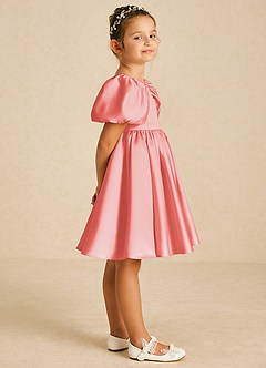 Azazie Muffin Flower Girl Dresses Coral A-Line with Sleeves Matte Satin Dress image3