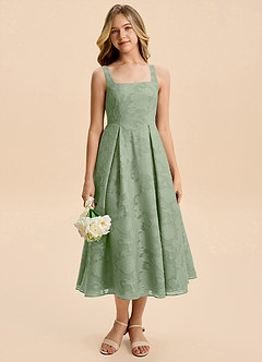 Azazie Amalie Junior Vestido de Salvia Polvorienta de Devorado Floral de Corte en A con Volante image6