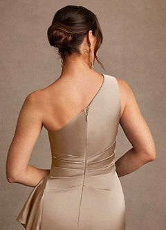 Azazie Yvette Mother of the Bride Dresses Taupe Sheath One Shoulder Stretch Satin Dress image7