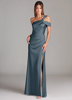 Azazie Wynter Bridesmaid Dresses Twilight Sheath Off the Shoulder Stretch Satin Dress image1