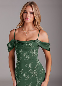 Azazie Saige Bridesmaid Dresses Eucalyptus Garden Floral Sheath Off the Shoulder Stretch Satin Dress image2