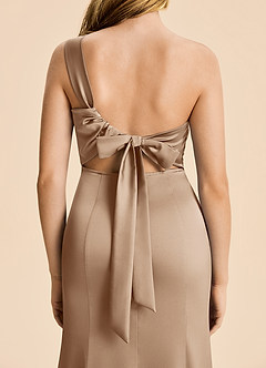 Azazie Ren Junior Taupe A-Line Pleated Stretch Satin Dress image6